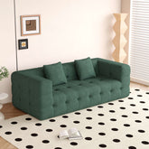 Green love seat sofa upholstered in soft chenille velvet fabric, perfect for modern living rooms